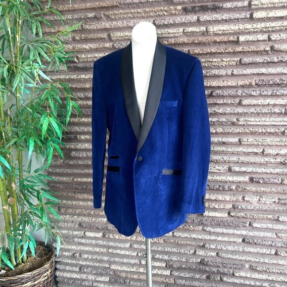 Tazio Italy Blue Textured Velvet Black Shawl Collar Formal Blazer Size 46L - Picture 11 of 11